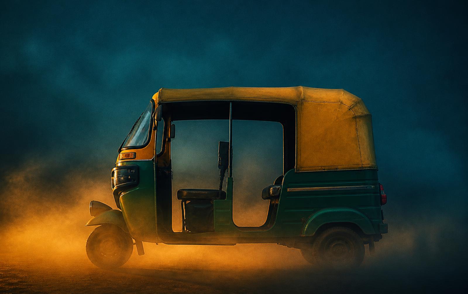 A yellow and green Indian auto rickshaw parked in golden dusk haze